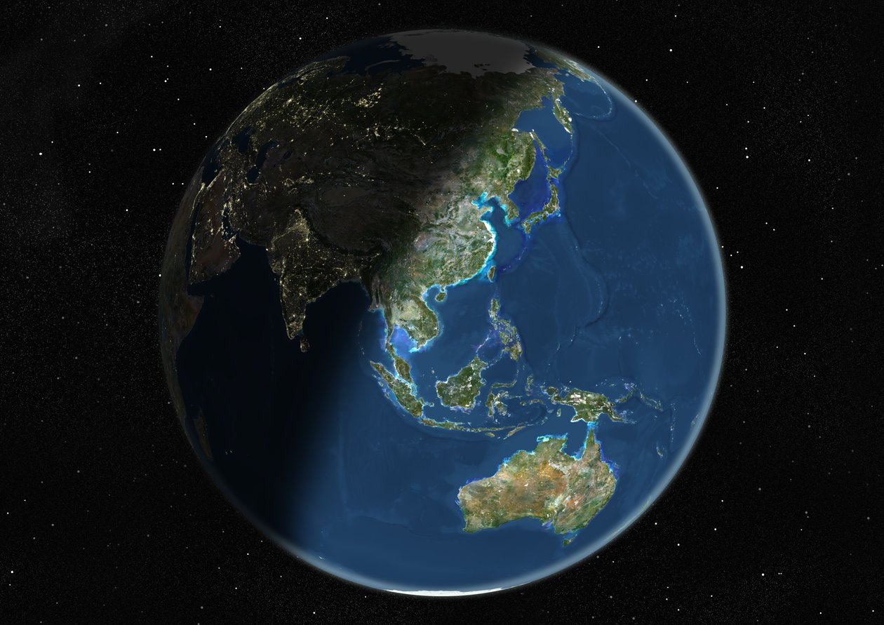 Globu Iliyozingatia Asia na Oceania, Picha ya Satelaiti ya Rangi ya Kweli av Unknown