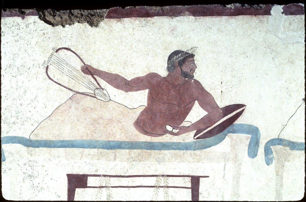 Grekisk målning från dykarens grav, Paestum, 480 f.Kr. Banqueters. Symposiumscen, Italien av Unknown