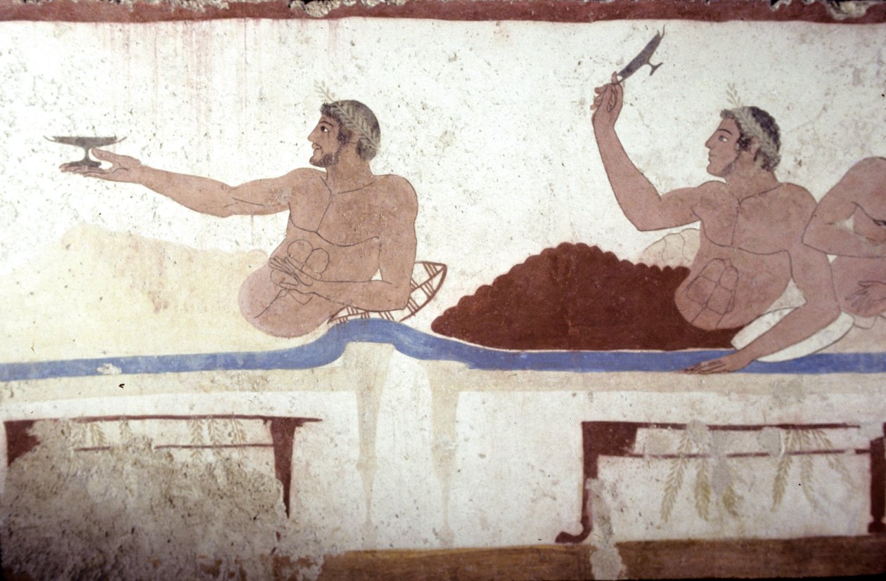 Grekisk målning från dykarens grav, Paestum, 480 f.Kr. Banqueters. Symposiumscen, Italien av Unknown