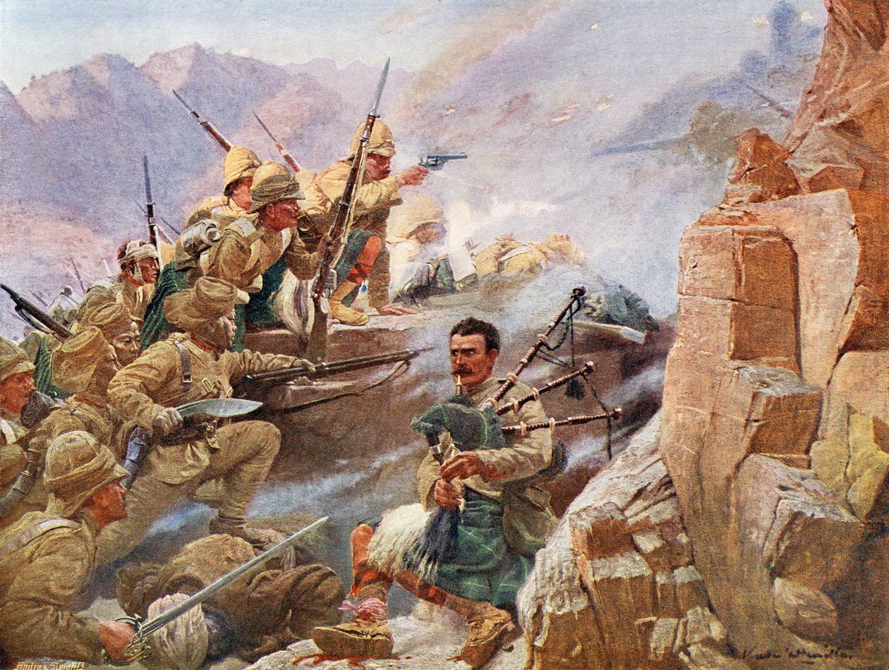 Gurkhas beväpnade med sin kukri eller khukuri, en nepalesisk kniv med ett inåtböjt blad, tillsammans med medlemmar av Gordon Highlanders som stormade Dargai Heights 1897 under The Tirah Campaign av Unknown