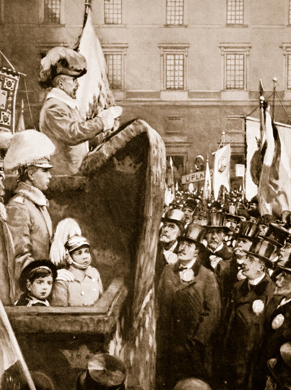Kong Karl XV af Sverige taler til en folkemængde om øget oprustning for at forsvare landet, 1866 sverige av Unknown
