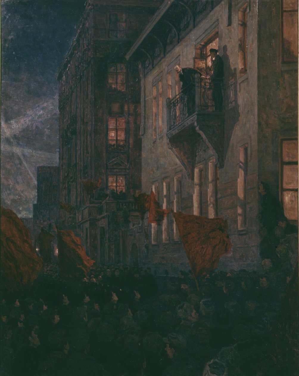 Lenin På tal från balkongen på Kshesinskaya-palatset eller V, jag, Lenin går ut på balkongen på Kshesinskaya-palatset av A, Moravov, Central Lenin Museum, Moskva. av Unknown
