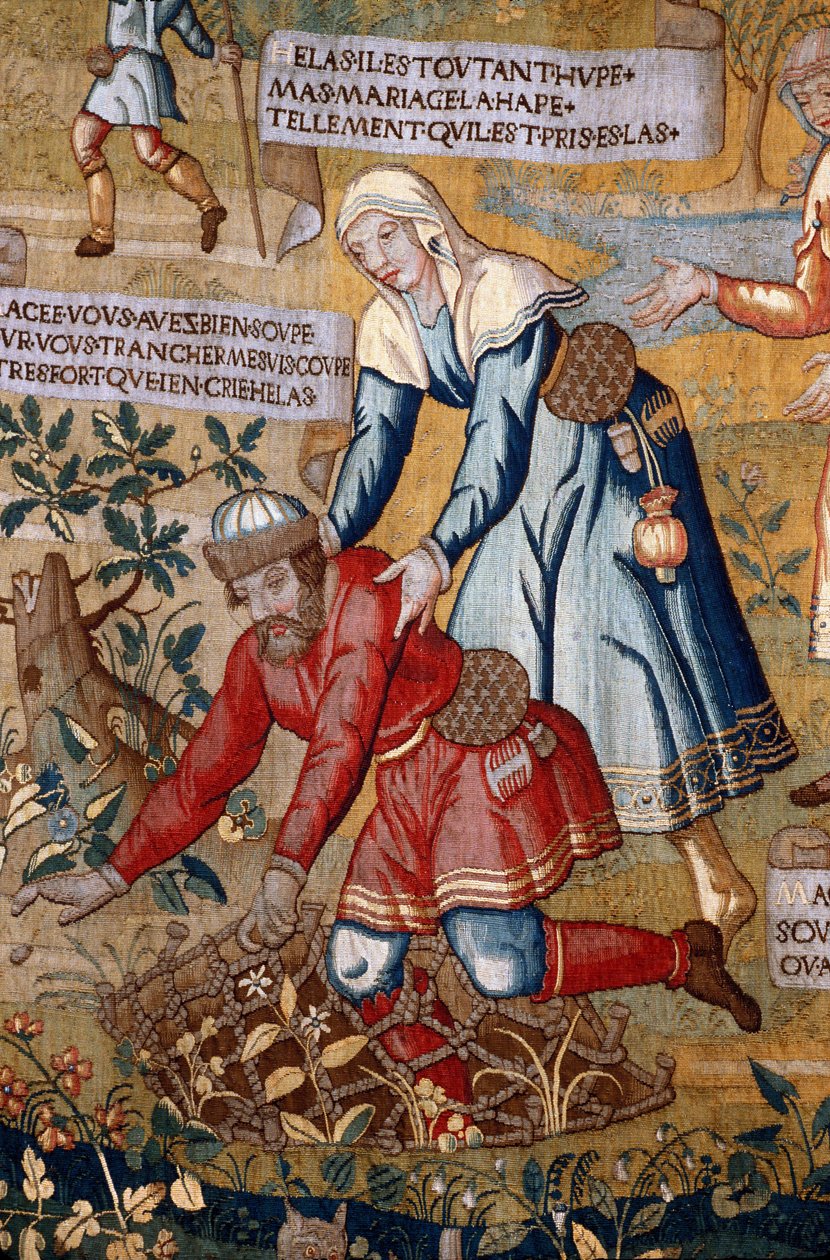 Manche N * 075, Musee de St Lo, “” Les amours de Gombeau (Gombault) og Mace (Macee) ””, Detail tapestryswed av Unknown