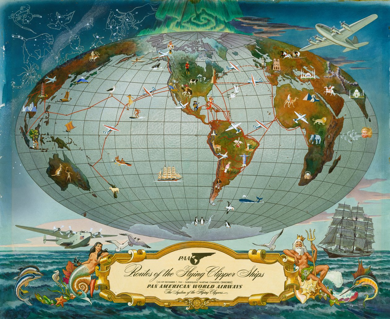 Manuskriptkarta över världen - Pan American World Airways, c.1942 av Unknown