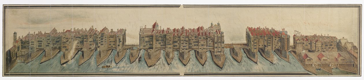 Old London Bridge ca 1600, kopierad av W. Griggs 1881 från en teckning i Pepys samling, i Magdalene College, Cambridge av Unknown