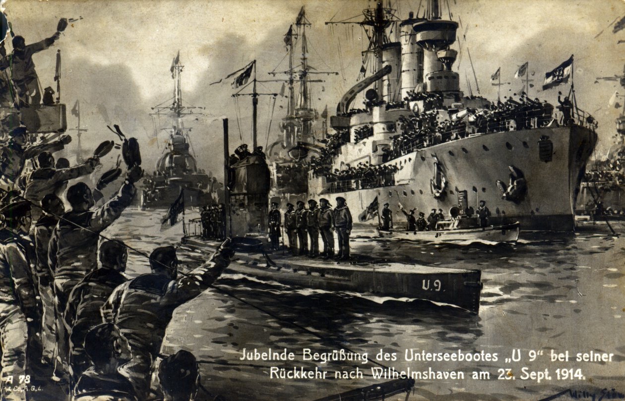 Vykort av sjömän som välkomnar U-båten U9 när den återvände till Wilhelmshaven, 23 september 1914 av Unknown