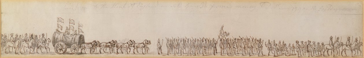 Procession som tar spanska pengar som fångats av Royal Navy till Bank of England, 1799 (penna- och bläckritning) av Unknown