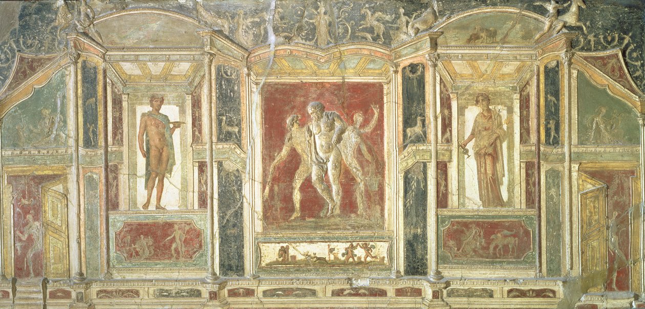 Reliefpaneler med Dionysos och andra figurer som står i trompe loeil nischer, från Pompeji, 1:a århundradet e.Kr., fjärde stilen av Unknown