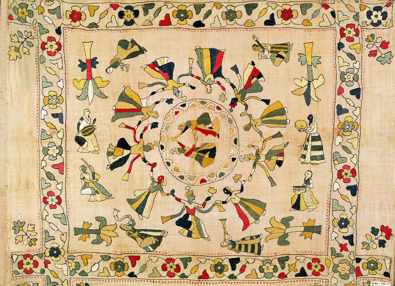 Rumal: fyrkantigt broderiomslag som visar Punjabi-dans, mitten av 1800-talet av Unknown