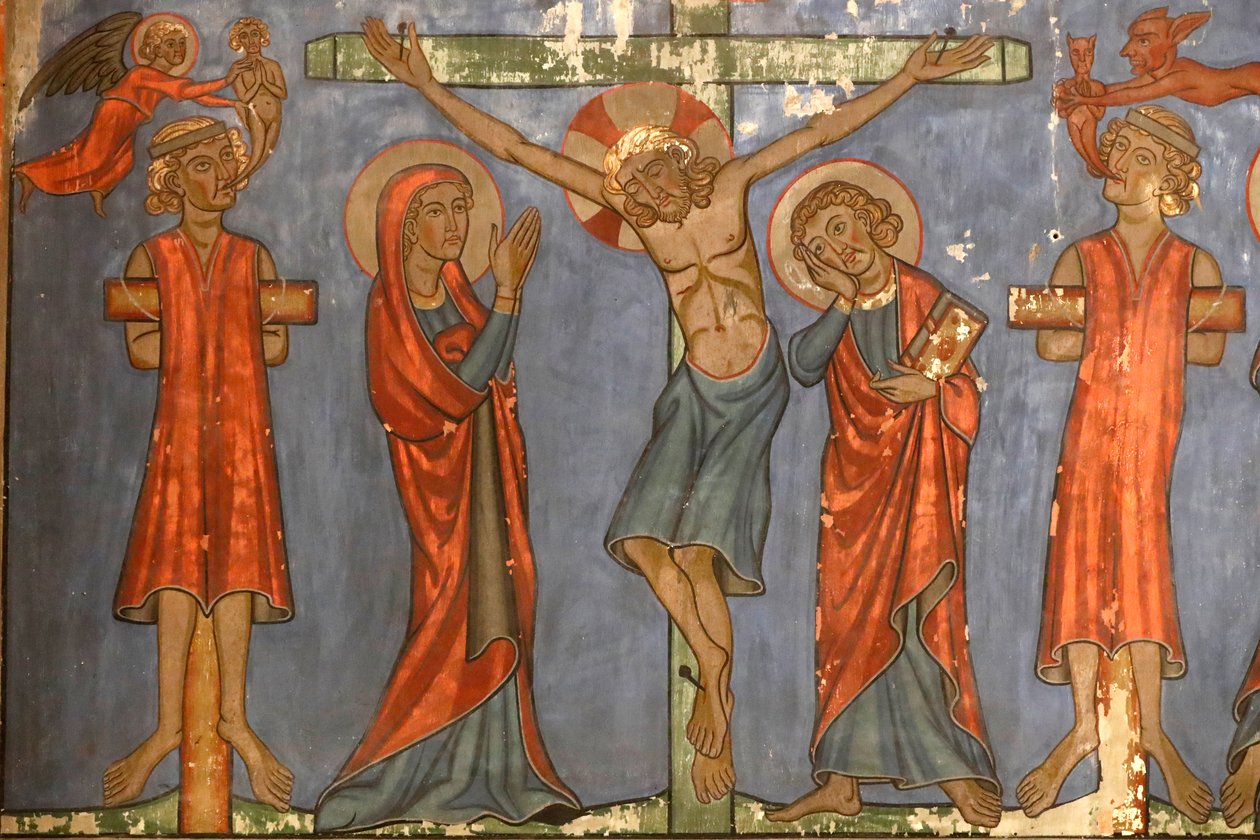 Saint-Pierre-le-Jeune protestantiska kyrkan, Korsfästelsen, Jesus på korset, Fresco, Strasbourg, Frankrike. av Unknown