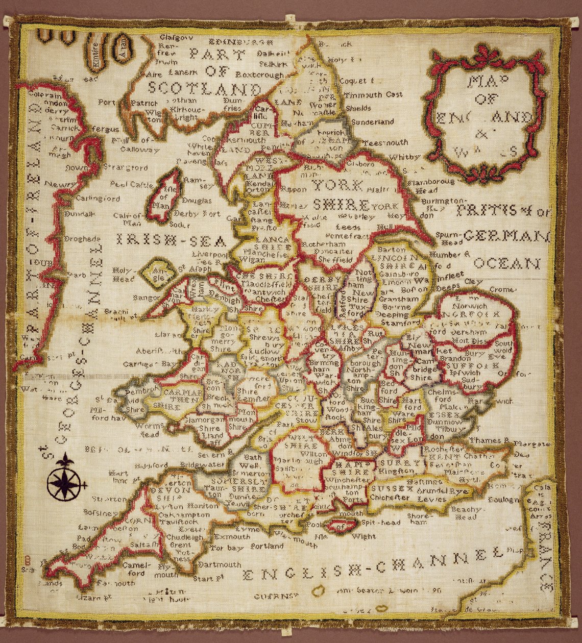 Sampler som visar en karta över England och Wales, kedja, dubbel rygg och satinsöm, av Ann Seaton från Lincoln, 1798 av Unknown