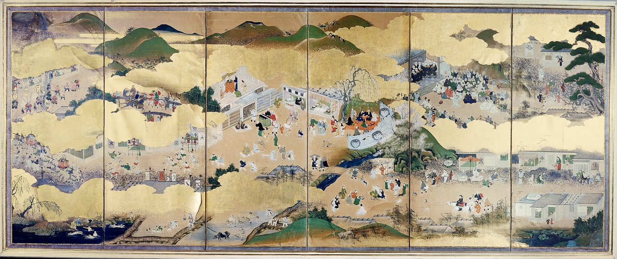 Scener av urbant liv under Bakufu, Tosa School, 1800 (från en sexfaldig skärm), (för detaljer se 67713), (träblock i färg) av Unknown