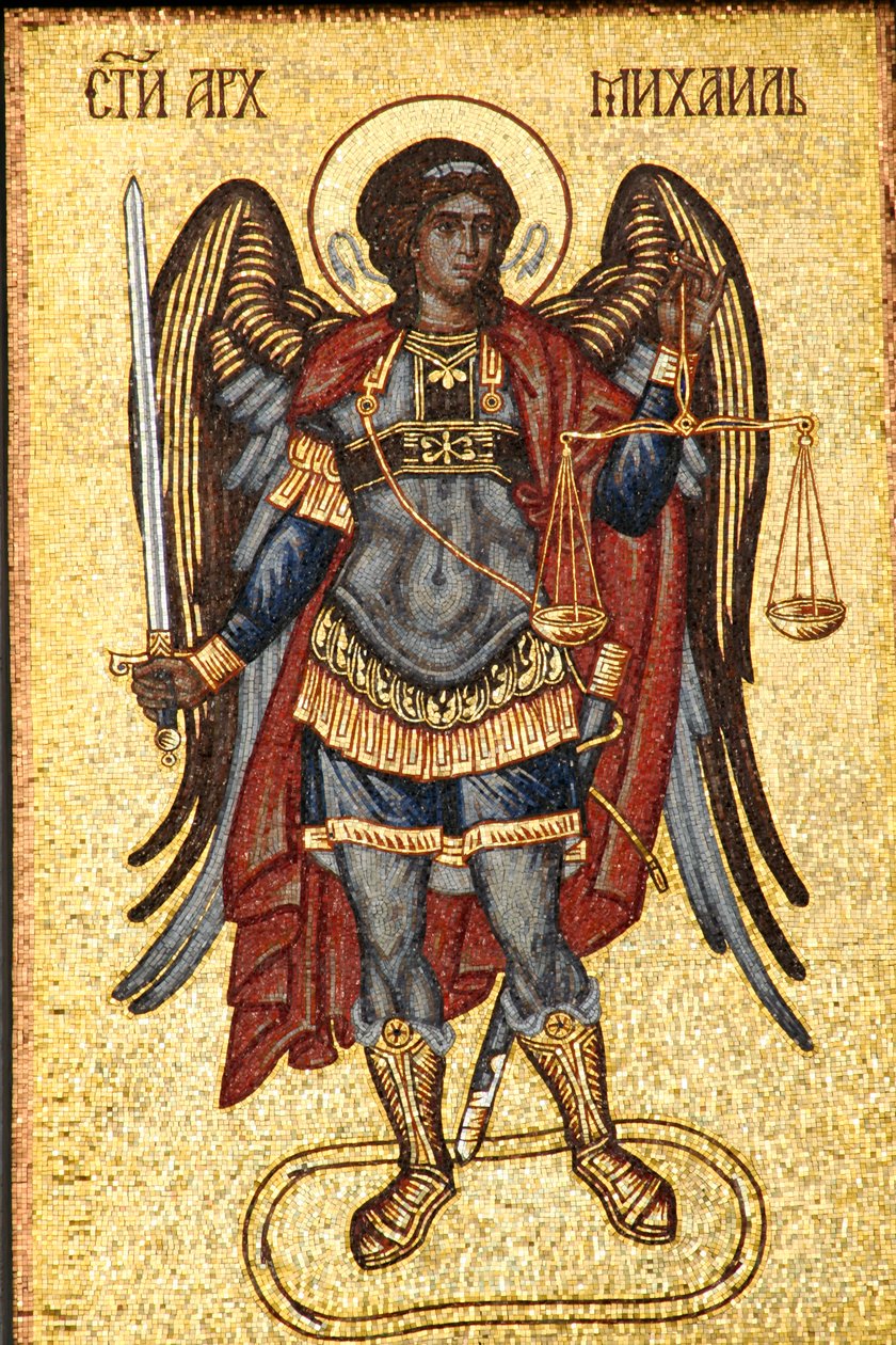 Serbien, Belgrad, St Michaels katedral, representation av St Michael med svärd och våg, fasaddetalj av Unknown
