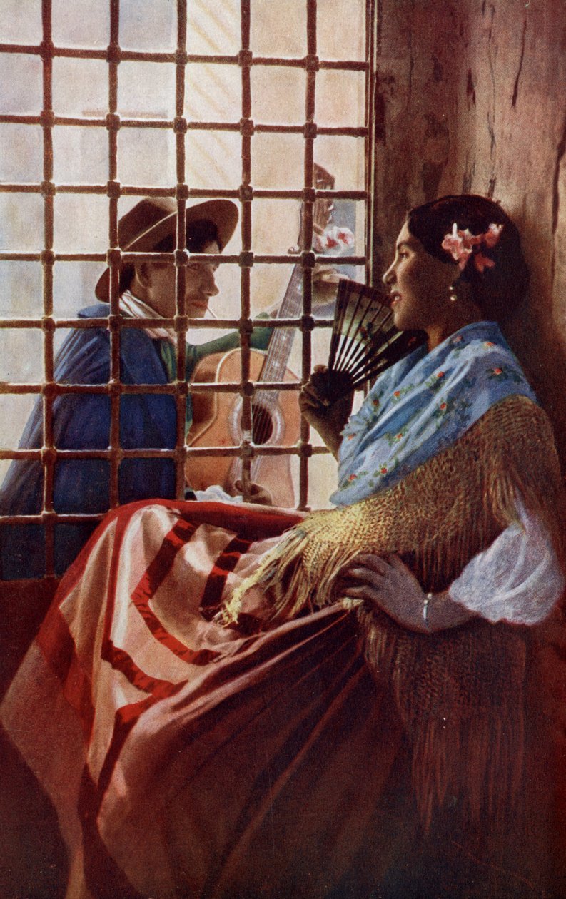 Spanien. En klädd figur, en tjej från, järnstänger emellan, drömviskning av gitarr och mjuka skratt fullbordar en sommarnatt i Sevilla. 1920 av Unknown