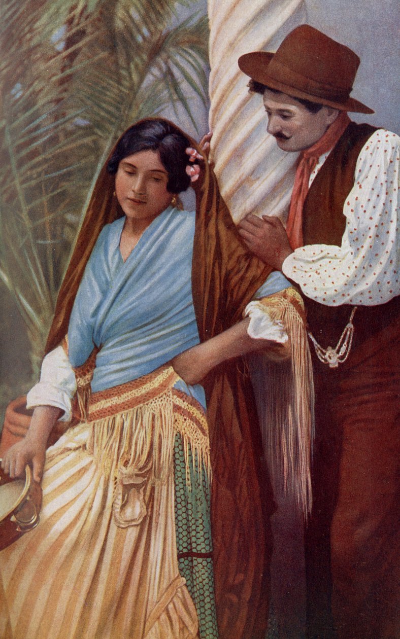 Spanien. Ungt par spanska i karakteristiska kläder. 1920 av Unknown