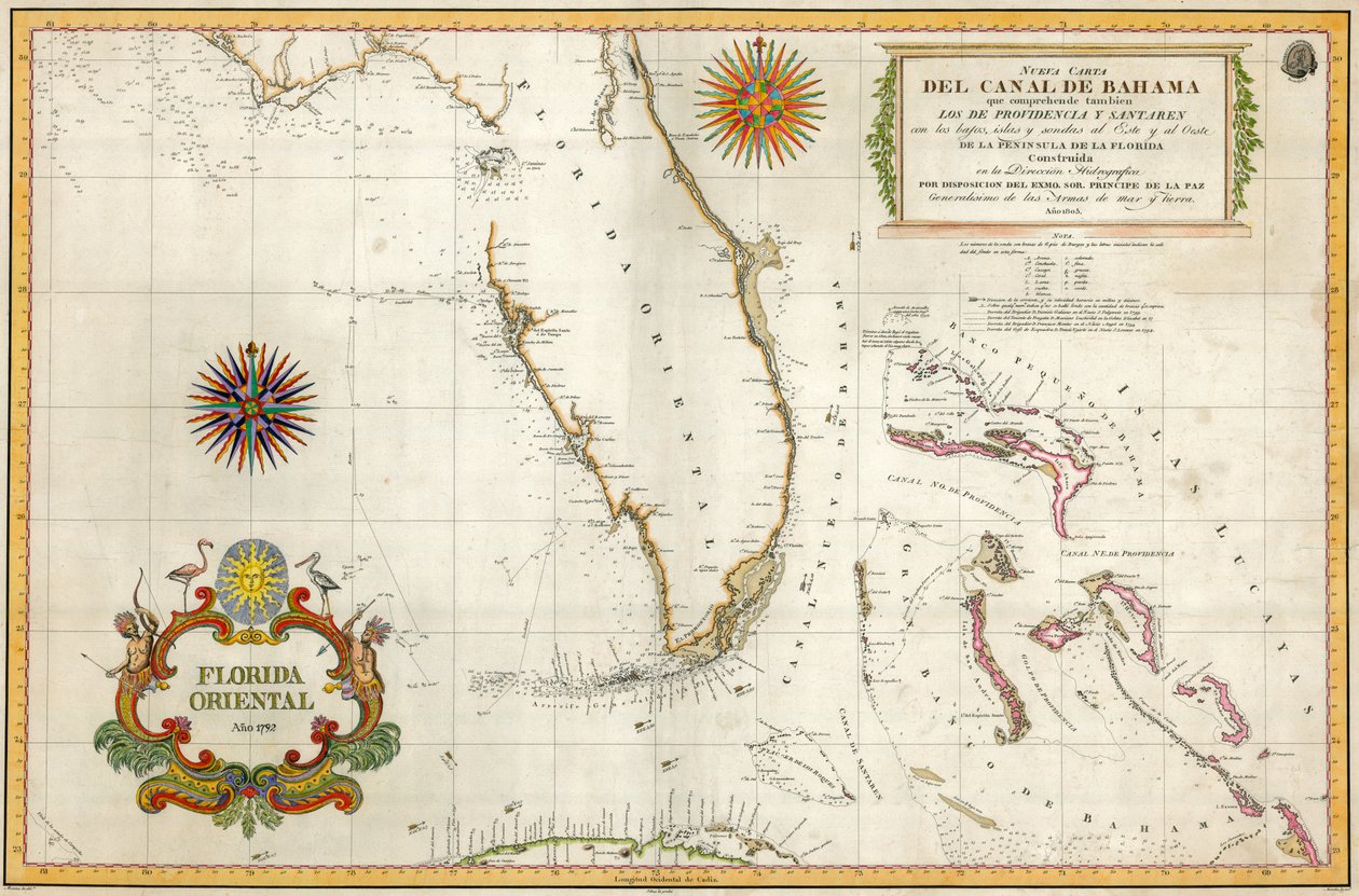 Spansk karta över Florida och Bahamas, 1805 (handfärgad gravyr) av Unknown