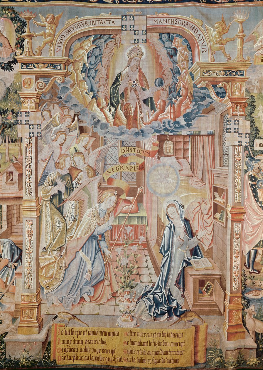 The Annunciation, kutoka Scenes from the Life of the Virgin, Tapestry, 1530 (ona pia 61162 & 61164-6) swed av Unknown