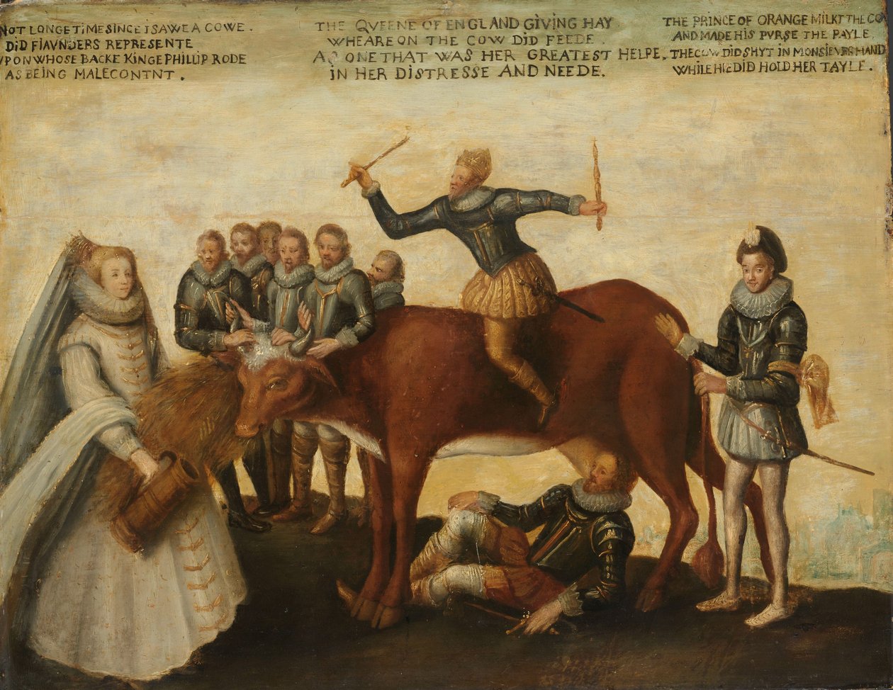 The Dairy Cow: De holländska provinserna, som gör uppror mot den spanske kungen Philip II, leds av prins William av Orange, Statens general vädjar till drottning Elizabeth I om hjälp, ca. 1633-39 av Unknown