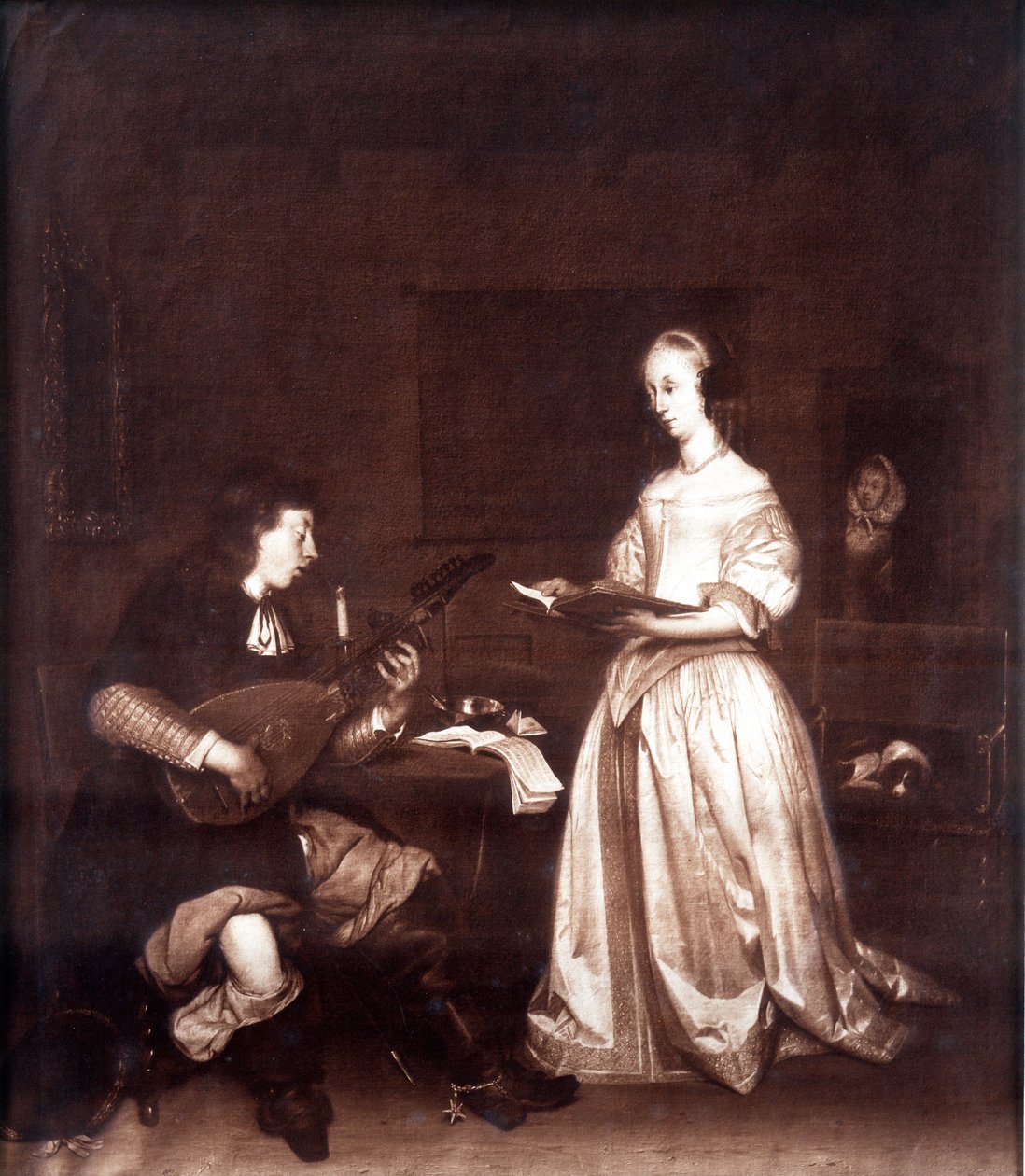 Duetten: en sångare och en lutspelare. av Unknown