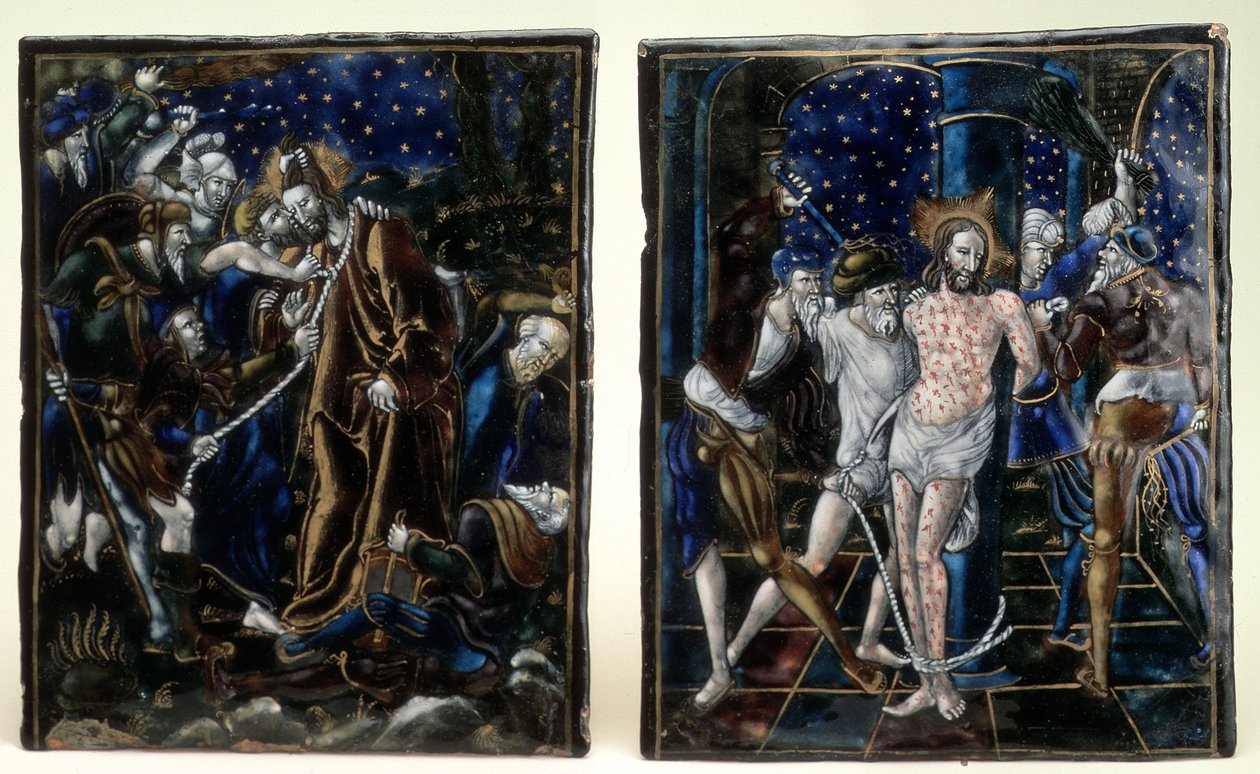Judas kyss och Kristi flagellation: två emaljerade plaketter från serien Vår Herres lidande, Limoges, mitten av 1500-talet. av Unknown