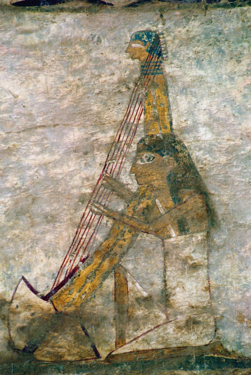 Kvinna som spelar en välvd harpa, detalj från en gravväggmålning, egyptisk, Gamla till Mellanriket (målad kalksten) av Unknown