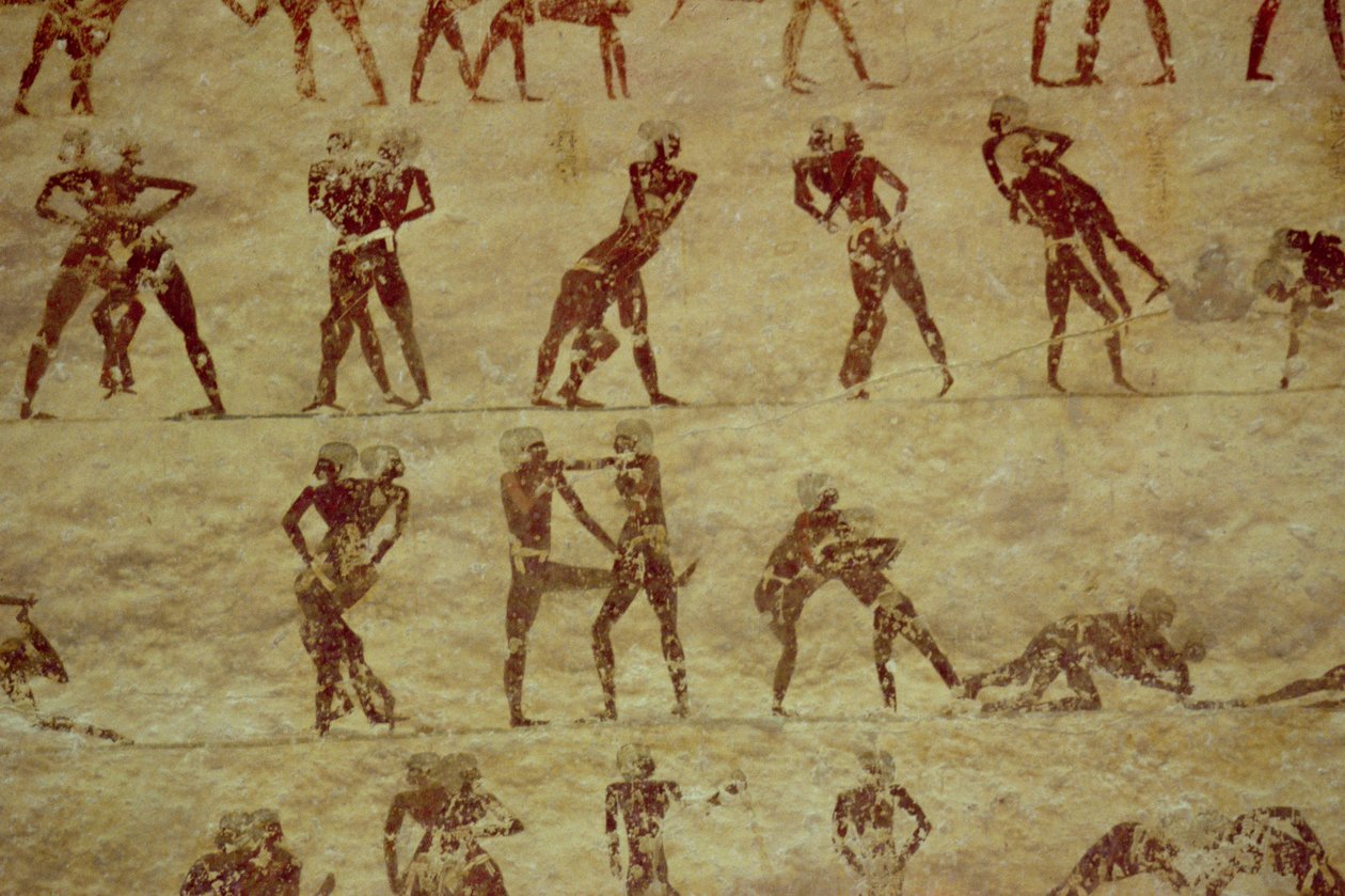 Brottare, detalj från en gravmålning, egyptisk, Gamla till Mellanriket (målad kalksten) av Unknown
