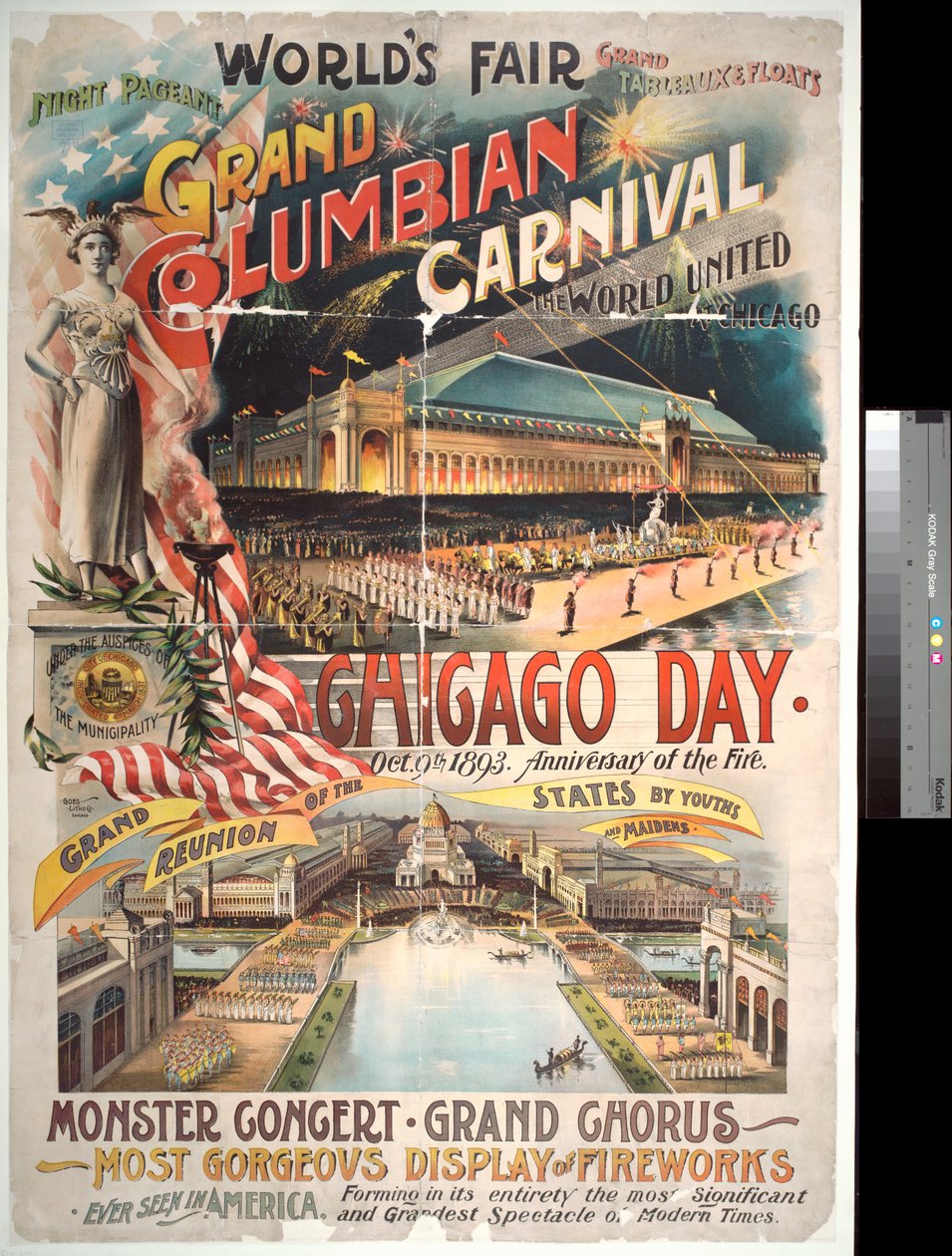 Broadside-reklam Chicago Day på Worlds Columbian Exposition till minne av Chicago-branden 1871, 1893 av American Photographer