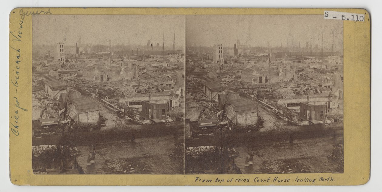 Stereograf av utsikten från toppen av tingshusruinerna, blickande norrut, efter Chicago-branden 1871 av American Photographer