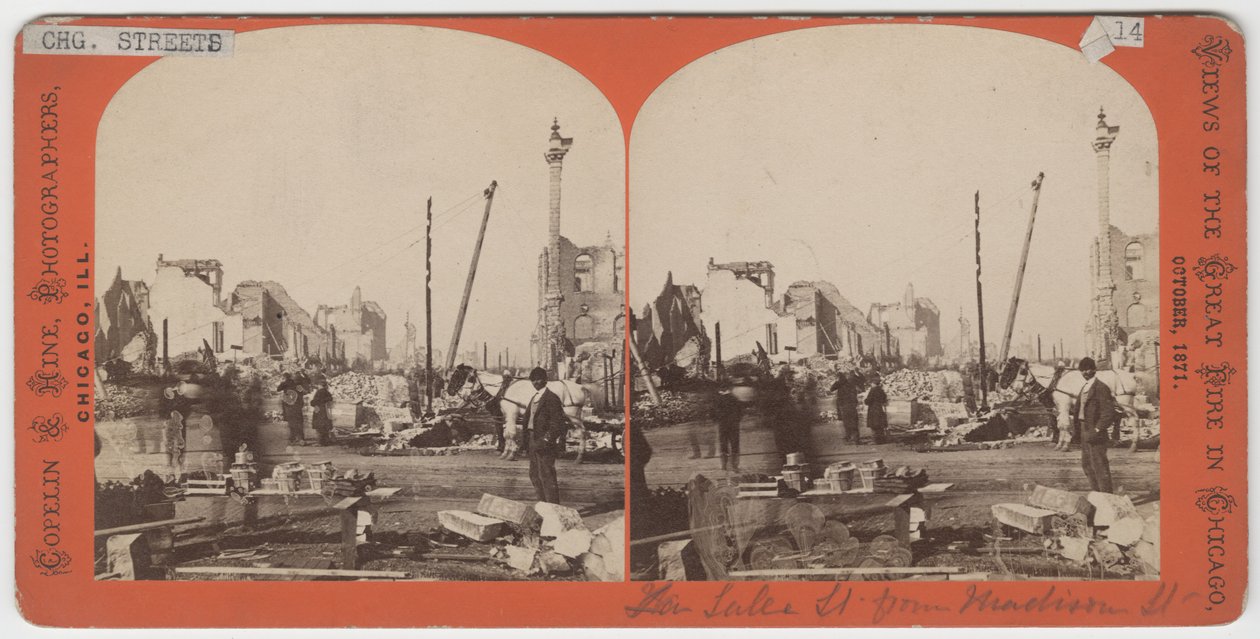 Stereograf av utsikten över Lake St. från Madison St. efter branden i Chicago 1871 av American Photographer
