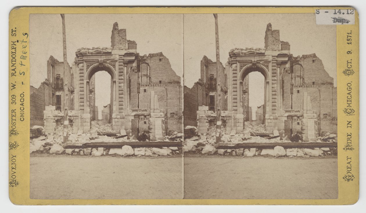 Stereograf av ruinerna på Washington Street efter branden i Chicago 1871 av American Photographer