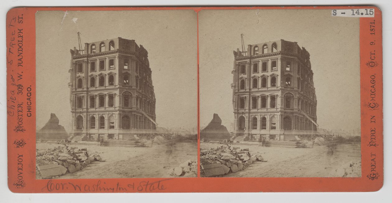 Stereograf av den första centralbanken efter branden i Chicago 1871 av American Photographer