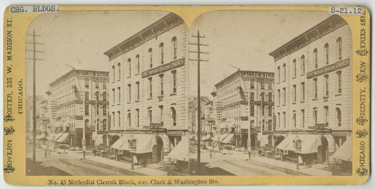 Stereograf av vy av Methodist Church Block i hörnet av Clark och Washington Streets, Chicago, 1871 (bw-foto på kortfäste) av American Photographer
