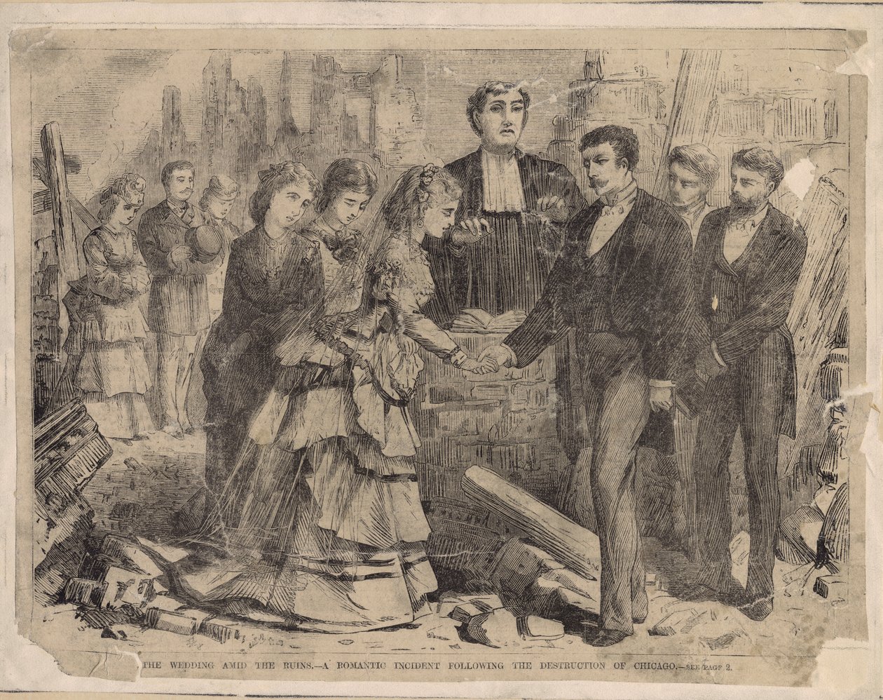 A Wedding Amid the Ruins - En romantisk incident efter förstörelsen av Chicago, illustration från Harpers Weekly, 1871 av American School