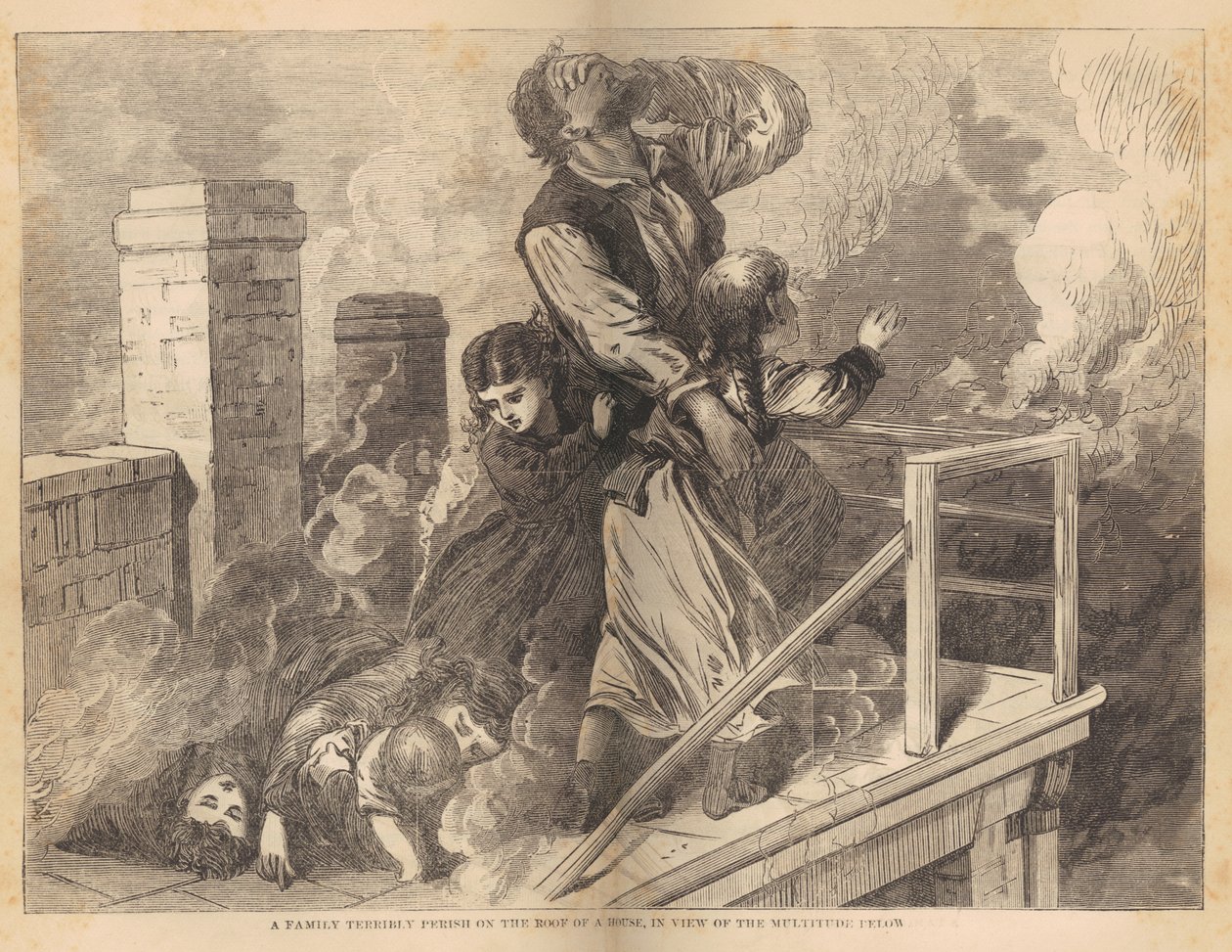 En familj instängd på taket av ett hus under Chicago-branden 1871, från Great Fires in Chicago and the West av Rev. E. J. Goodspeed, c.1871 (trägravyr) av American School