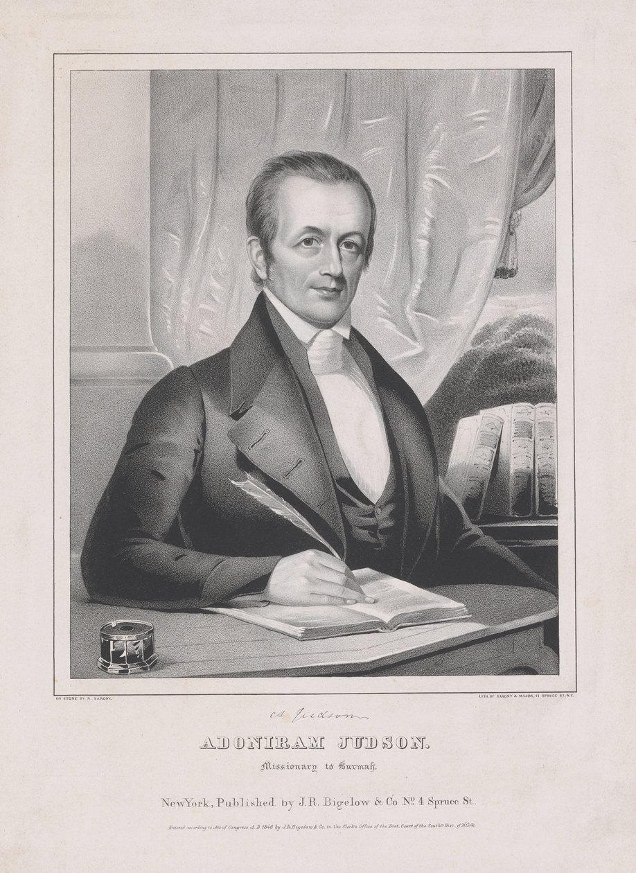 Adoniram Judson (1788 - 1850), missionär i Burmah, pub. 1846 av American School
