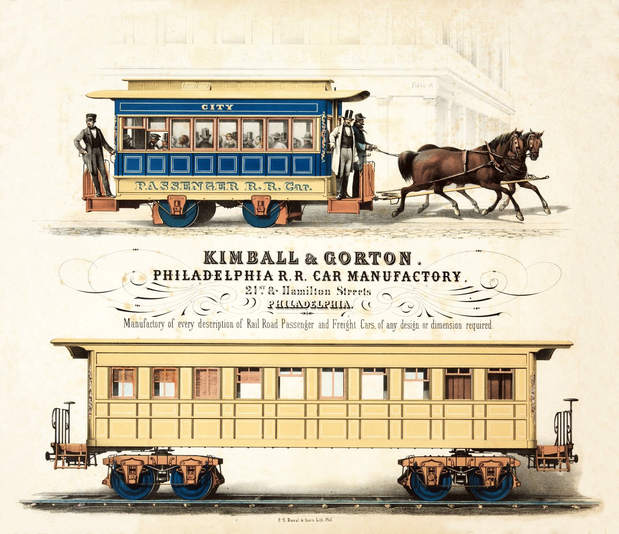 Annons för Kimball & Gorton, Philadelphia R.R. Car Manufactory, publicerad ca 1857 av American School