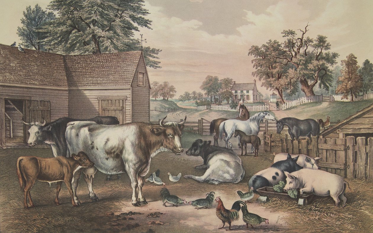 American Farm Yard - Kväll, pub. 1857, Currier & Ives av American School