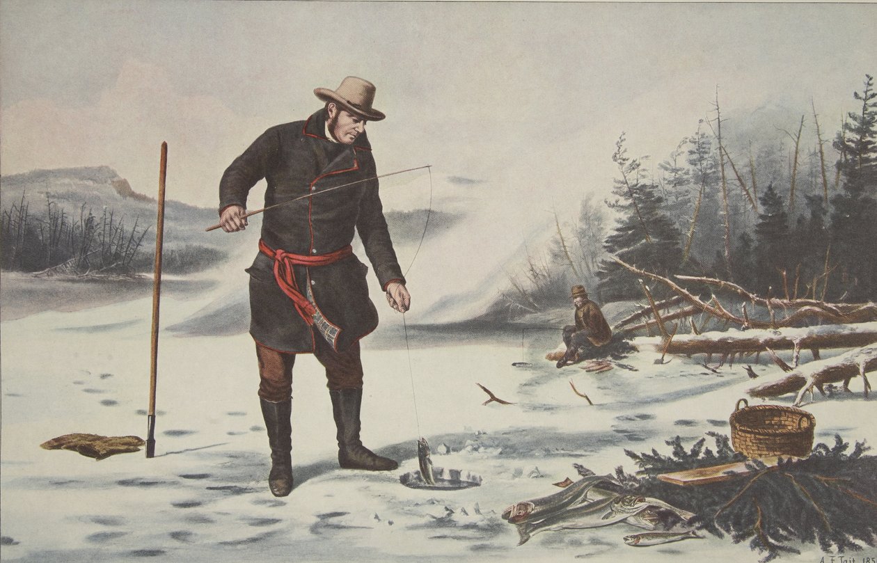 Amerikansk vintersport - öringfiske på Chateaugay Lake (Franklin County N.Y.), pub. 1856, Currier & Ives av American School