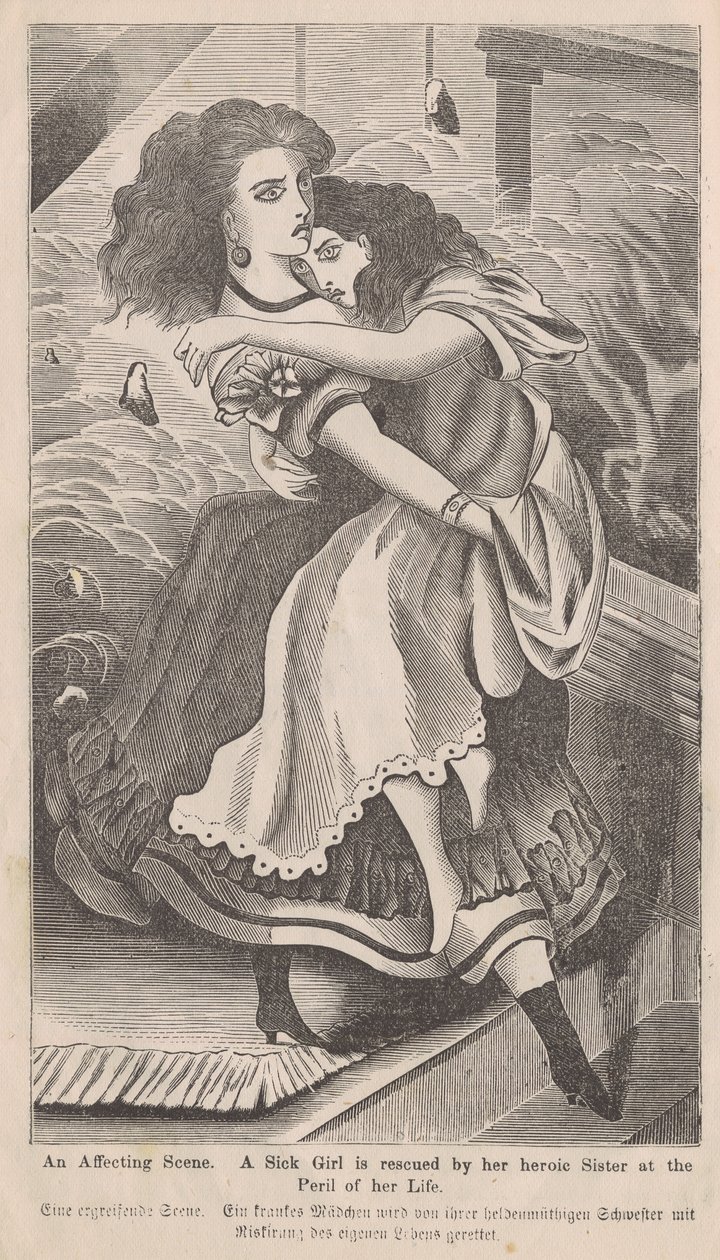 En påverkande scen, illustration av en kvinna som räddar sin syster under branden i Chicago 1871, från George L. Barclays bok, The Great Fire of Chicago, 1872 (trästick) av American School
