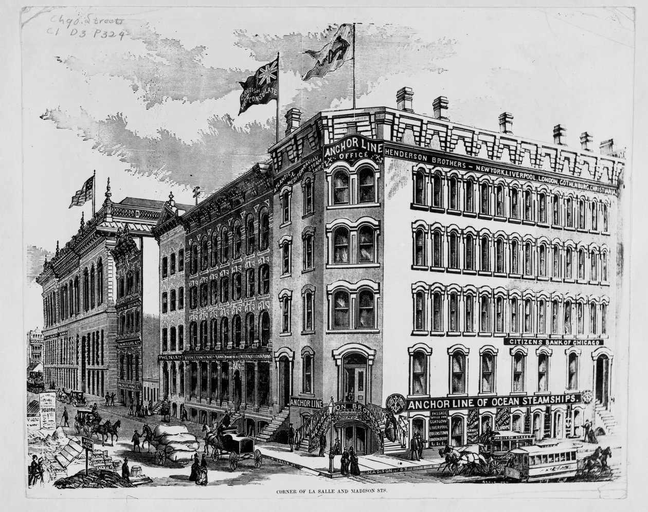 Anchor Line kontor i hörnet av LaSalle och Madison Streets, Chicago, ca 1875 (trägravyr) av American School