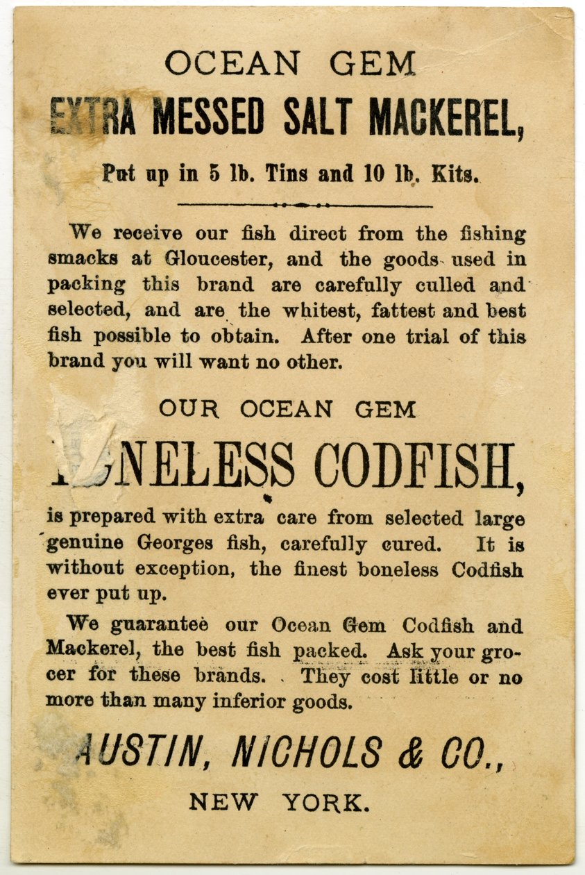 Austin, Nichols & Co. Ocean Gem Makrill, trade card tergo. (litografi [fartkort]) av American School