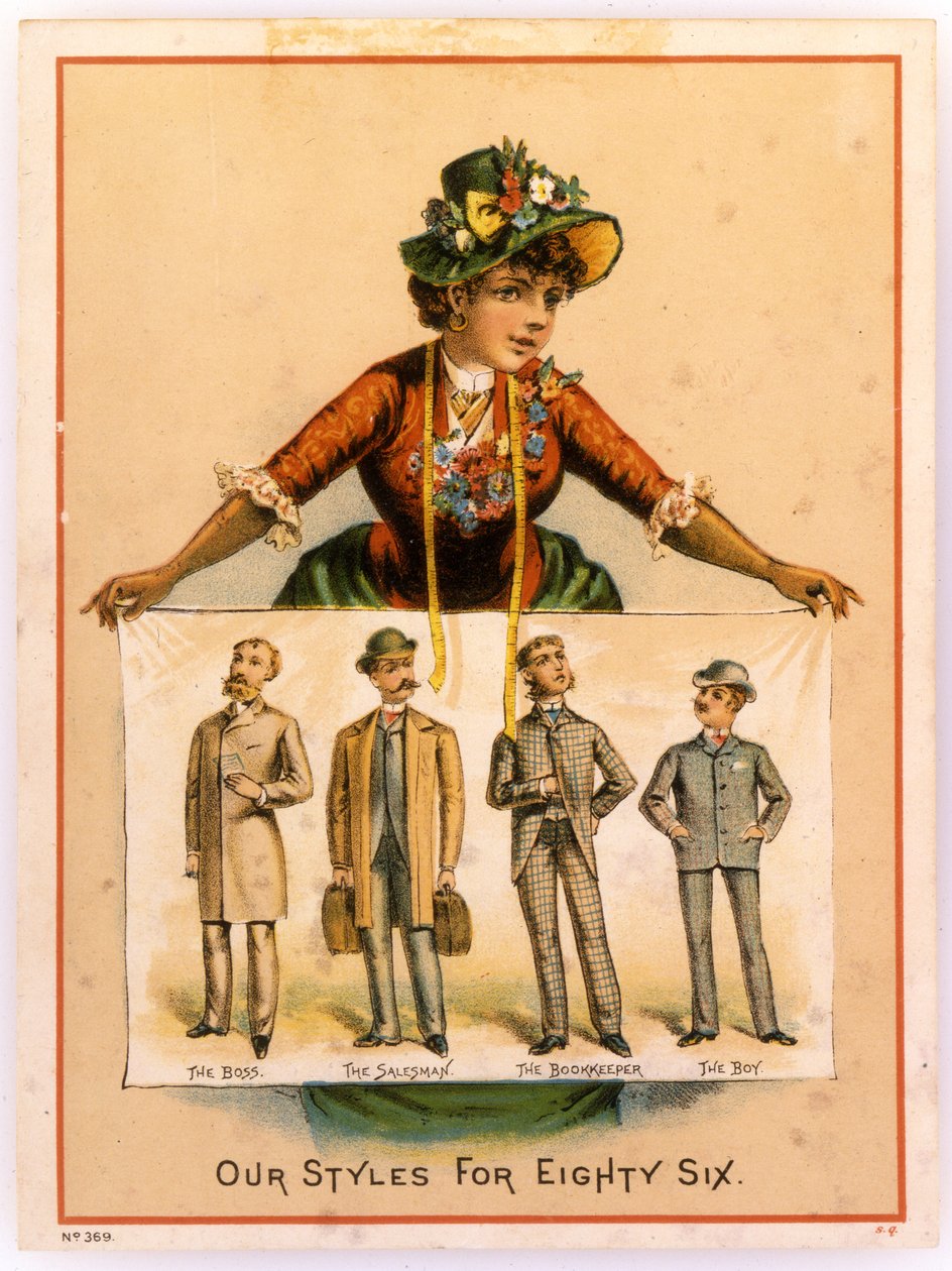 B. Rydill, Our Styles for Eighty Six: The Boss, The Salesman, The Bookkeeper, The Boy, 1886 (litografi [byteskort]) av American School