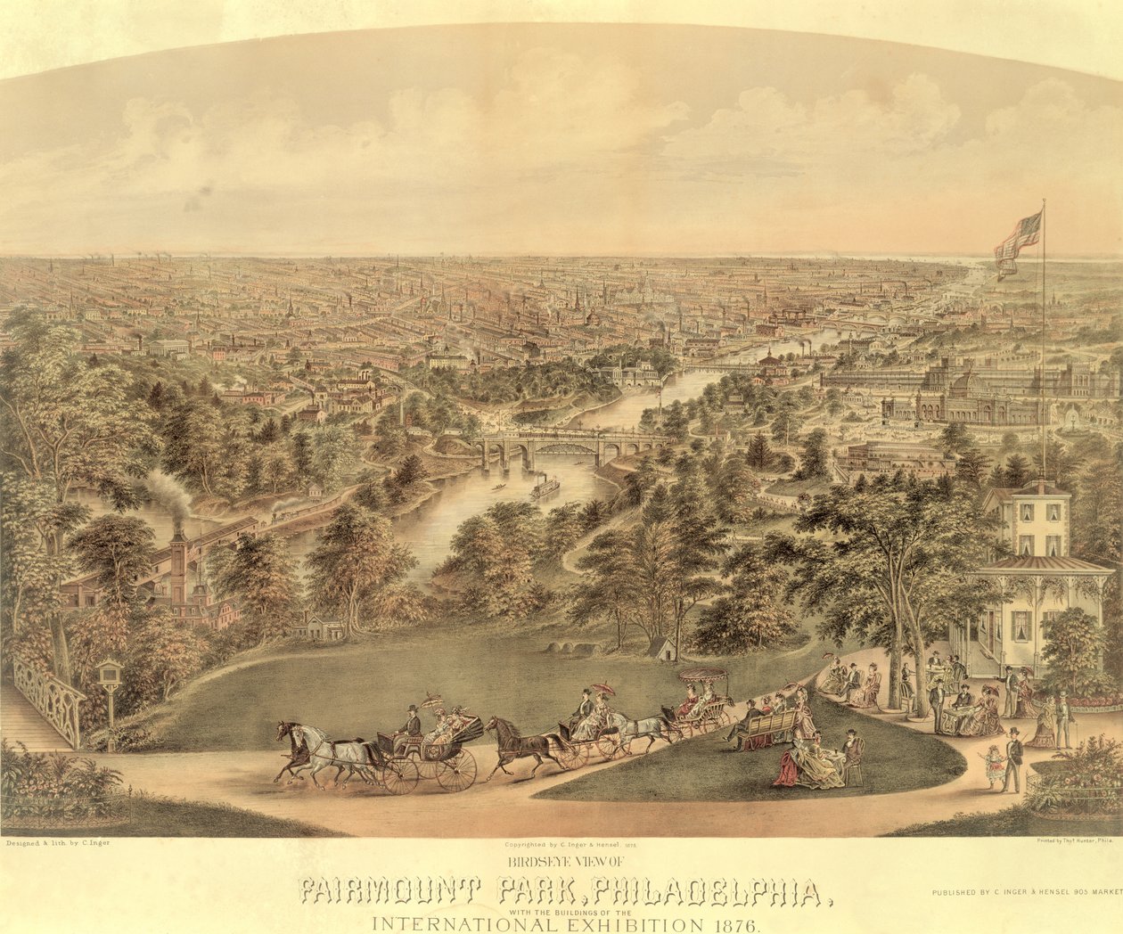 Fågelperspektiv över Fairmount Park, Philadelphia, 1876 av American School