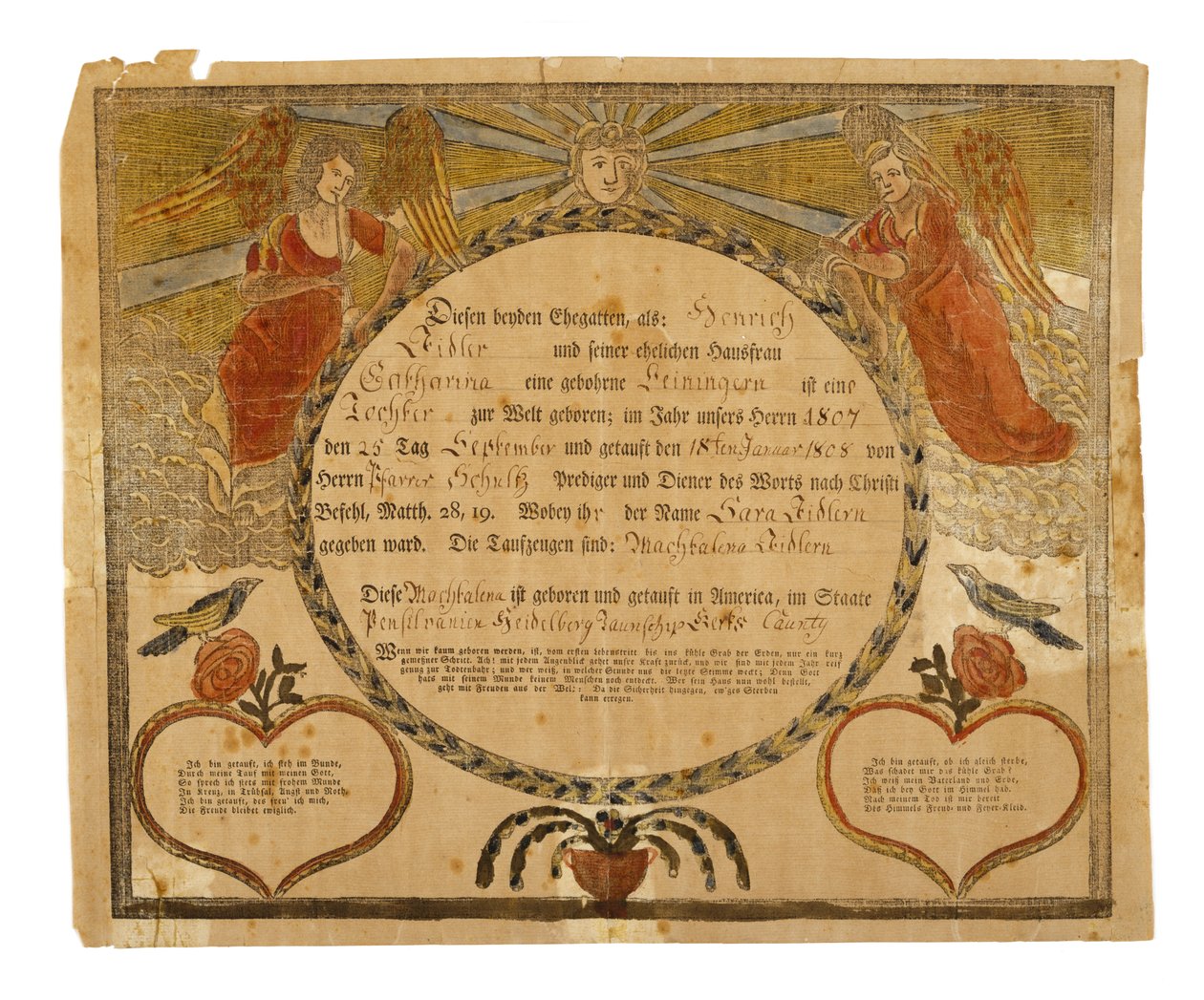 Födelse- och dopbevis, c. 1815 (handfärgad trägravyr på lagt papper) av American School