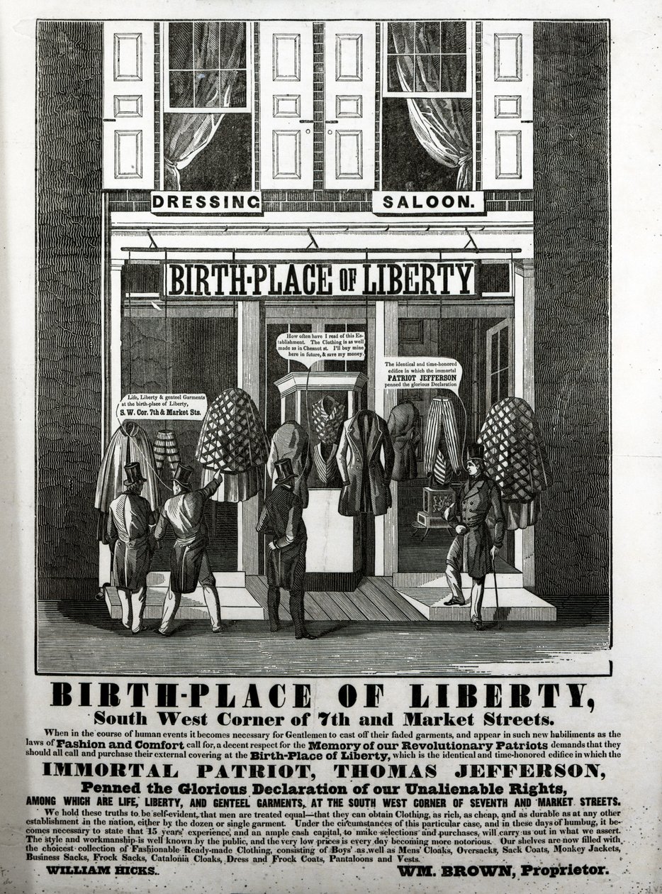 Birth-Place of Liberty Dressing Saloon, South West Corner of 7th and Market Streets... där den odödliga patrioten, Thomas Jefferson, skrev den härliga förklaringen om våra oförytterliga rättigheter..., ( av American School