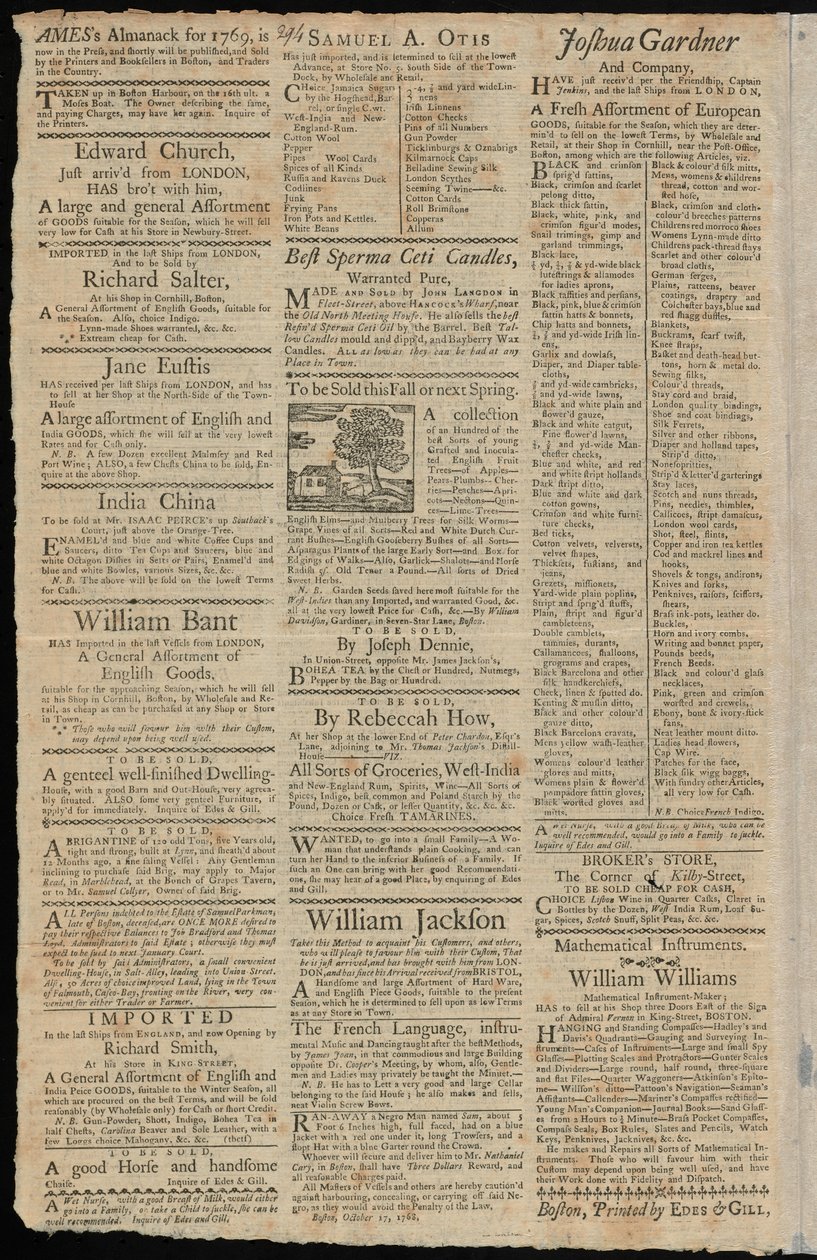 Boston-annonser för varor som är föremål för importtullar och handelsrestriktioner, från Boston Gazette and Country Journal, 7 november 1768 av American School