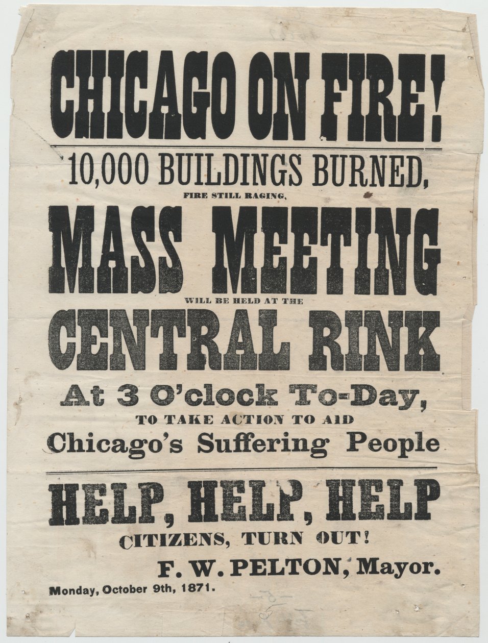 Bredsidesreklammöte i Cleveland, Ohio, för att hjälpa offren för branden i Chicago 1871, 1871 av American School