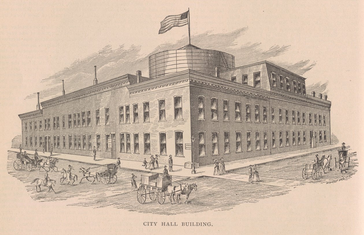 City Hall Building, illustration från History of Chicago vol. 2 av Alfred Theodore Andreas, publicerad 1885 av American School