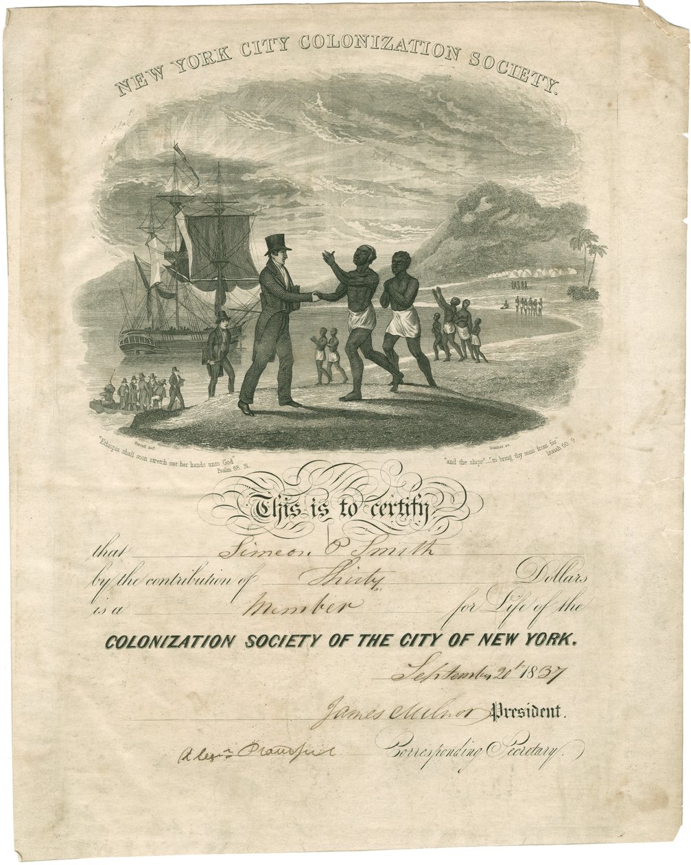 Colonization Society-certifikat för Simeon P. Smith, 1837 av American School