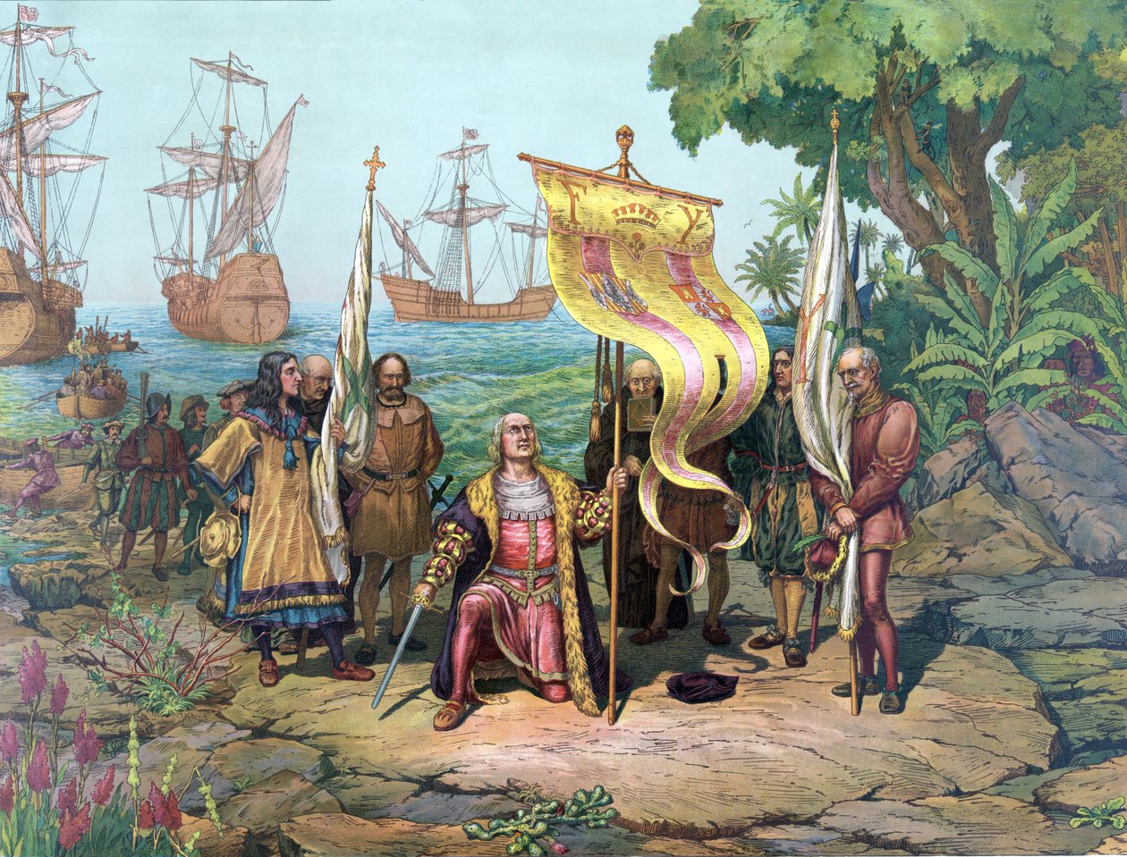 Columbus tar det nya landet i besittning, pub. 1893 (färgad litho) av American School
